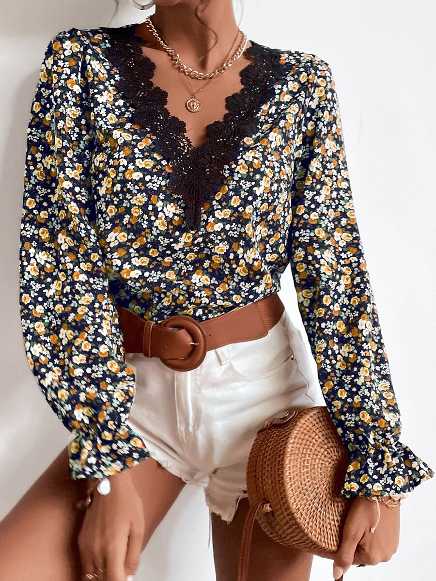 SHEIN Frenchy Áo sơ mi nữ Tương phản ren Xù Họa tiết hoa Boho - Nhiều màu - Xem 1