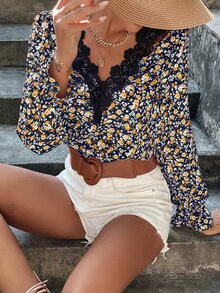 SHEIN Frenchy Áo sơ mi nữ Tương phản ren Xù Họa tiết hoa Boho - Nhiều màu - Xem 3