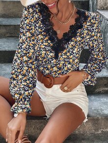 SHEIN Frenchy Áo sơ mi nữ Tương phản ren Xù Họa tiết hoa Boho - Nhiều màu - Xem 4