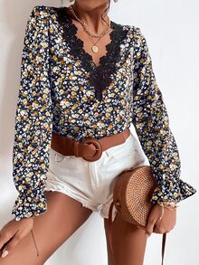 SHEIN Frenchy Áo sơ mi nữ Tương phản ren Xù Họa tiết hoa Boho - Nhiều màu - Xem 6