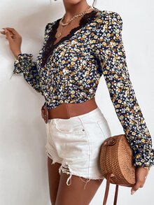 SHEIN Frenchy Áo sơ mi nữ Tương phản ren Xù Họa tiết hoa Boho - Nhiều màu - Xem 7