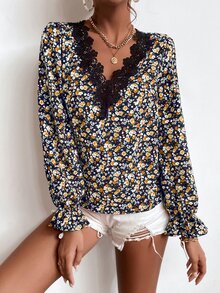 SHEIN Frenchy Áo sơ mi nữ Tương phản ren Xù Họa tiết hoa Boho - Nhiều màu - Xem 8
