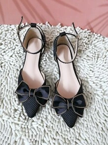 Fall/Winter Women's Flat Point Toe Ballet Flats, Elegant Outdoor Hollow Bowknot Sandals For Summer - Black - View 4