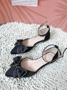 Fall/Winter Women's Flat Point Toe Ballet Flats, Elegant Outdoor Hollow Bowknot Sandals For Summer - Black - View 6