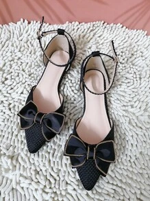 Fall/Winter Women's Flat Point Toe Ballet Flats, Elegant Outdoor Hollow Bowknot Sandals For Summer - Black - View 7