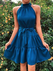 Keyhole Back Ruffle Hem Belted Halter Dress - Blue - View 3