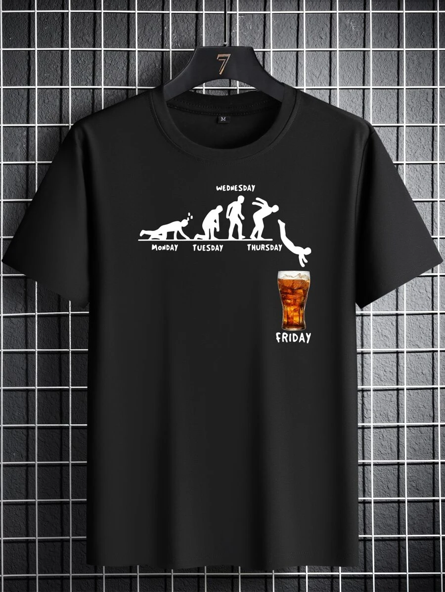 Manfinity Homme Camisetas para hombre, ajustadas, cuello redondo, manga corta, gráficos divertidos, informales, de verano, de poliéster - Negro - Ver 1