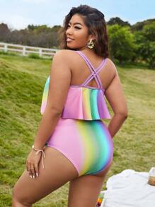 Plus Size Ombre Hanky Hem Ruched Tankini Summer Beach - Multicolor - View 2