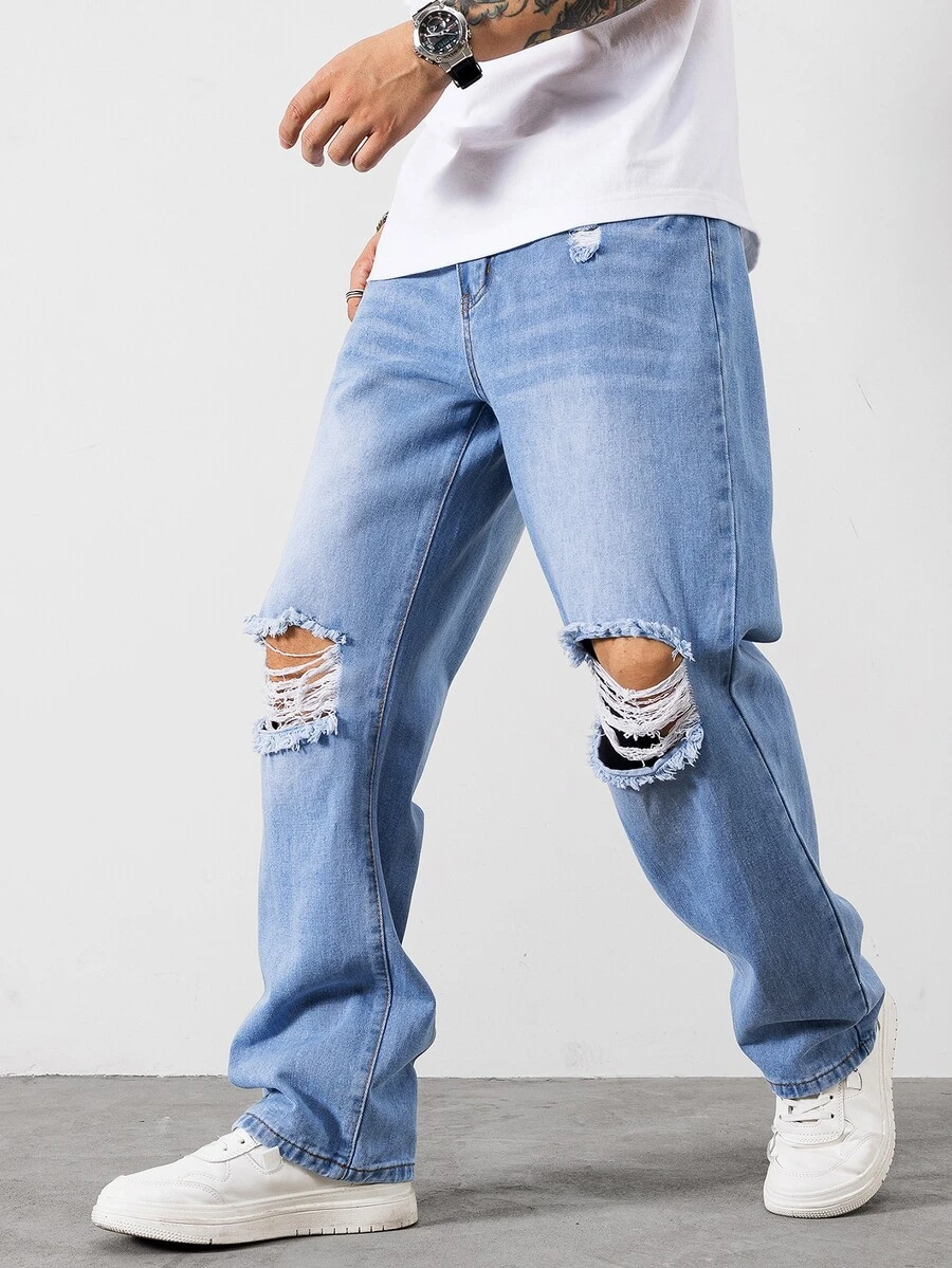 Manfinity Men Ripped Straight Leg Jeans - Light Wash - View 1