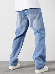 Manfinity Men Ripped Straight Leg Jeans - Light Wash - View 2