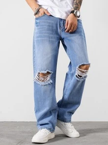 Manfinity Men Ripped Straight Leg Jeans - Light Wash - View 3