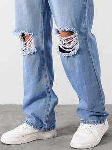 Manfinity Men Ripped Straight Leg Jeans - Light Wash - View 6