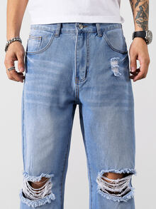 Manfinity Men Ripped Straight Leg Jeans - Light Wash - View 8