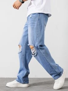Manfinity Men Ripped Straight Leg Jeans - Light Wash - View 9