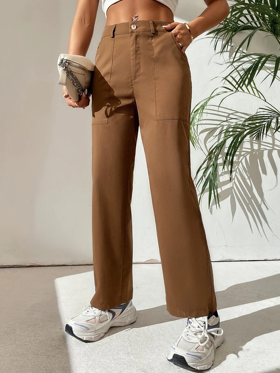 SHEIN PETITE Solid Wide Leg Trousers - Coffee Brown - View 1