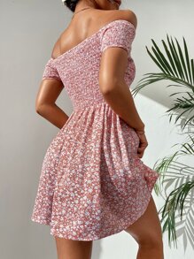 SHEIN PETITE Ditsy Floral Print Shirred Off Shoulder Dress - Dusty Pink - View 2