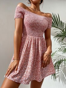 SHEIN PETITE Ditsy Floral Print Shirred Off Shoulder Dress - Dusty Pink - View 3