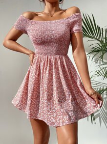 SHEIN PETITE Ditsy Floral Print Shirred Off Shoulder Dress - Dusty Pink - View 4