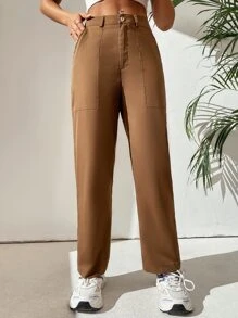 SHEIN PETITE Solid Wide Leg Trousers - Coffee Brown - View 3
