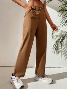 SHEIN PETITE Solid Wide Leg Trousers - Coffee Brown - View 4