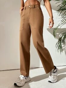 SHEIN PETITE Solid Wide Leg Trousers - Coffee Brown - View 5