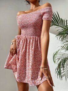 SHEIN PETITE Ditsy Floral Print Shirred Off Shoulder Dress - Dusty Pink - View 6
