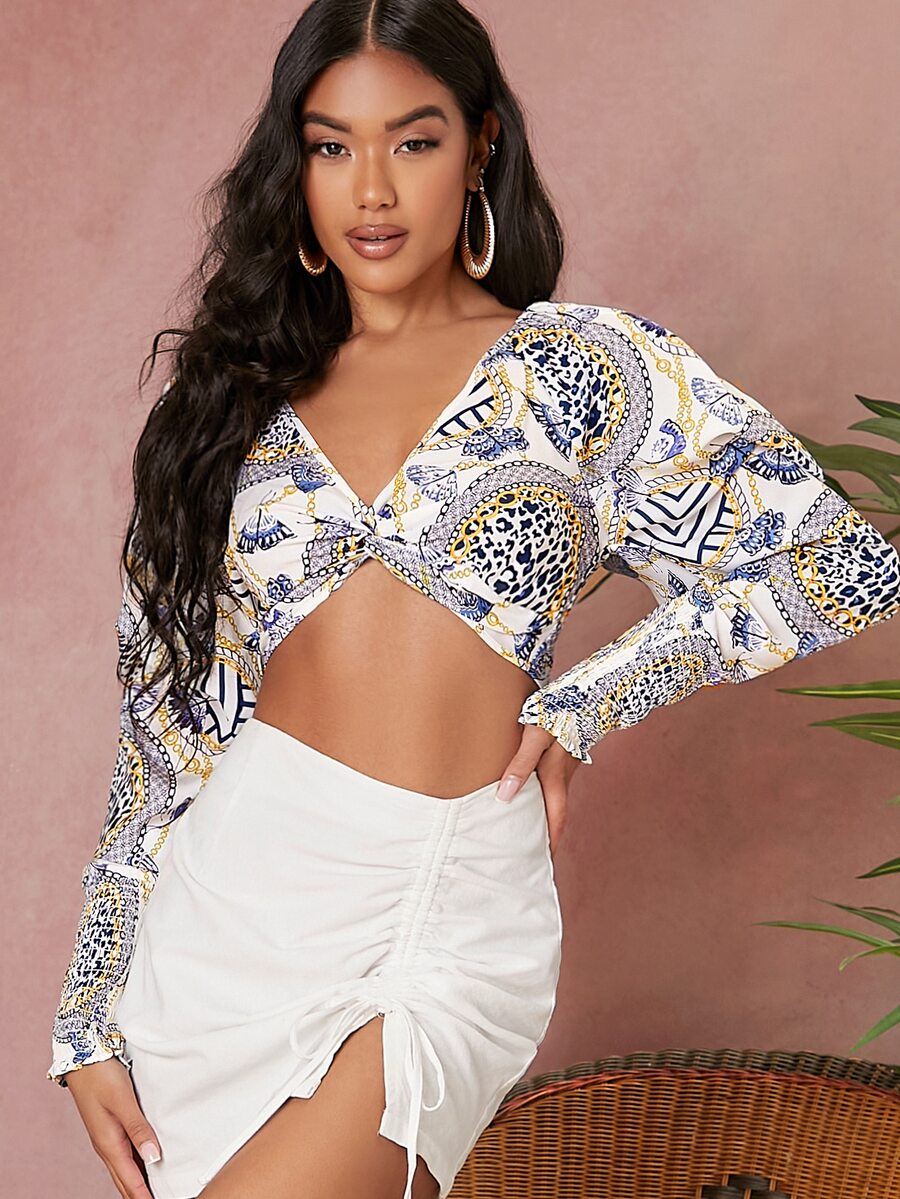 SHEIN VCAY Chain And Leopard Print Twist Front Top - Multicolor - View 1