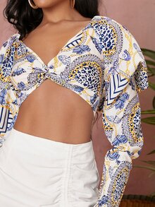 SHEIN VCAY Chain And Leopard Print Twist Front Top - Multicolor - View 4