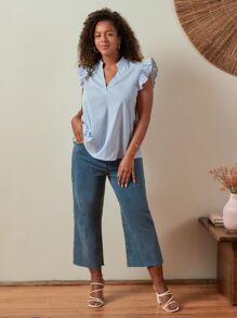 SHEIN Frenchy Áo sơ mi Plus Size Xù Sọc Giải trí - Xanh và trắng - Xem 5