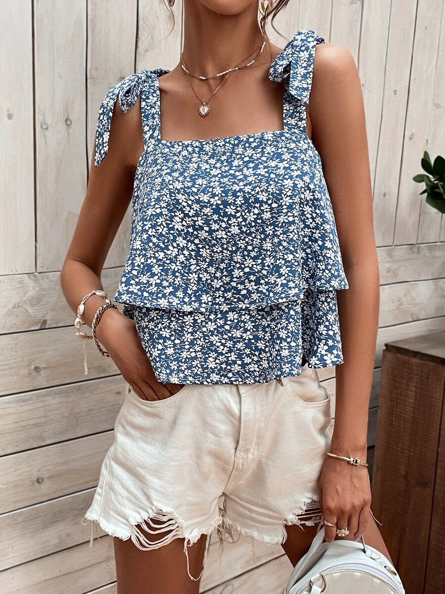 Ditsy Floral Layered Hem Cami Top - Blue and White - View 1