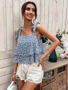 Ditsy Floral Layered Hem Cami Top - Blue and White - View 6