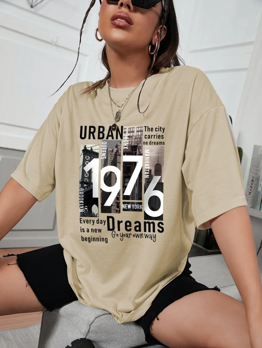 SHEIN EZwear 建筑和标语印花落肩 T 恤 URBAN 城市没有梦想 布鲁克林皇后区曼哈顿 1976 纽约 每日梦想开始 走自己的路 - 杏色 - 查看 1
