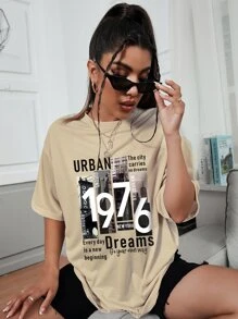 SHEIN EZwear 建筑和标语印花落肩 T 恤 URBAN 城市没有梦想 布鲁克林皇后区曼哈顿 1976 纽约 每日梦想开始 走自己的路 - 杏色 - 查看 3