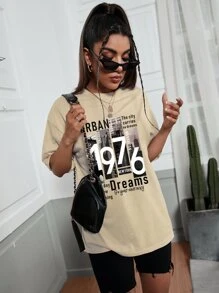 SHEIN EZwear 建筑和标语印花落肩 T 恤 URBAN 城市没有梦想 布鲁克林皇后区曼哈顿 1976 纽约 每日梦想开始 走自己的路 - 杏色 - 查看 5