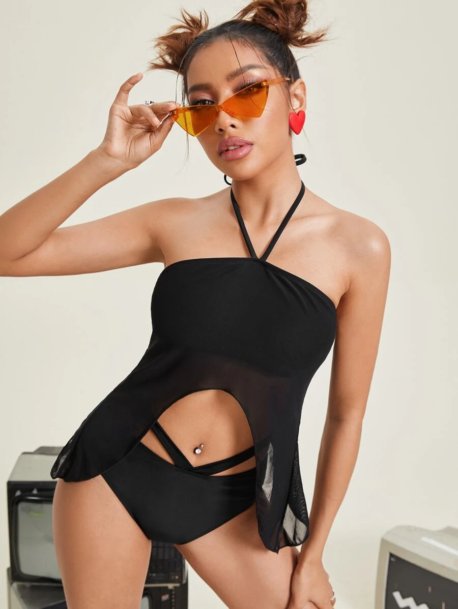 Cut-Out Halter Bikini Set Summer Beach - Black - View 1