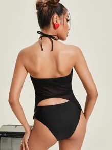 Cut-Out Halter Bikini Set Summer Beach - Black - View 2