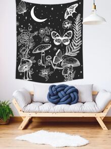 Mushroom & Butterfly Print Tapestry - Black and White - View 5