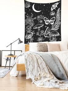 Mushroom & Butterfly Print Tapestry - Black and White - View 6