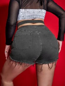 大碼腰部鏤空磨損邊牛仔短褲 - 深灰色 - 查看 2