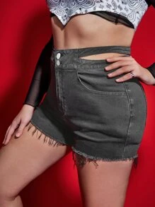 大碼腰部鏤空磨損邊牛仔短褲 - 深灰色 - 查看 5