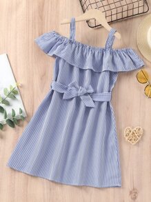 Niñas Vestido con cinturón de rayas de hombros descubiertos ribete con fruncido - Azul - Ver 1