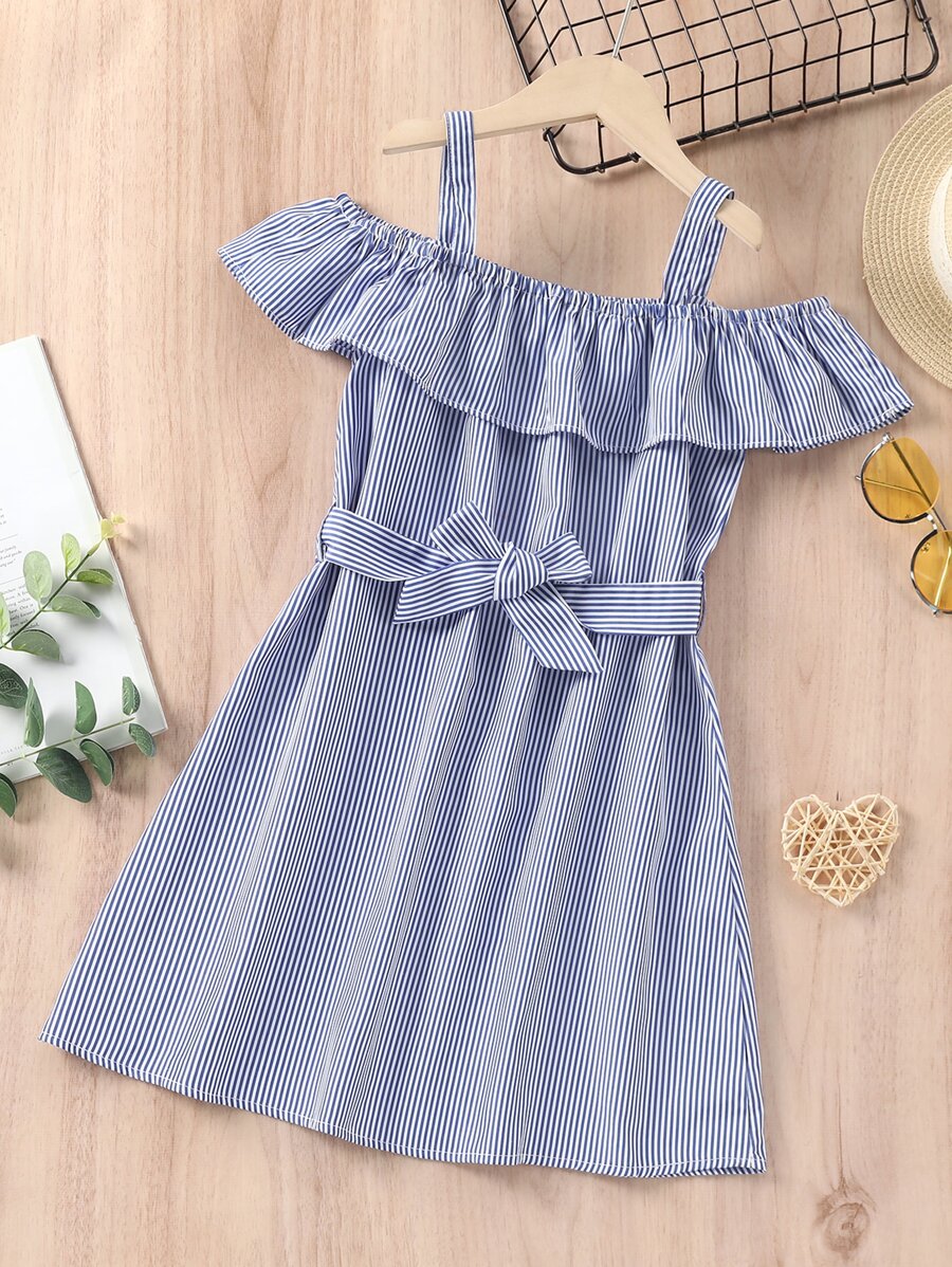 Niñas Vestido con cinturón de rayas de hombros descubiertos ribete con fruncido - Azul - Ver 1
