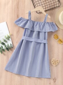 Niñas Vestido con cinturón de rayas de hombros descubiertos ribete con fruncido - Azul - Ver 2