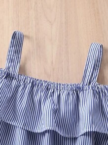 Niñas Vestido con cinturón de rayas de hombros descubiertos ribete con fruncido - Azul - Ver 5