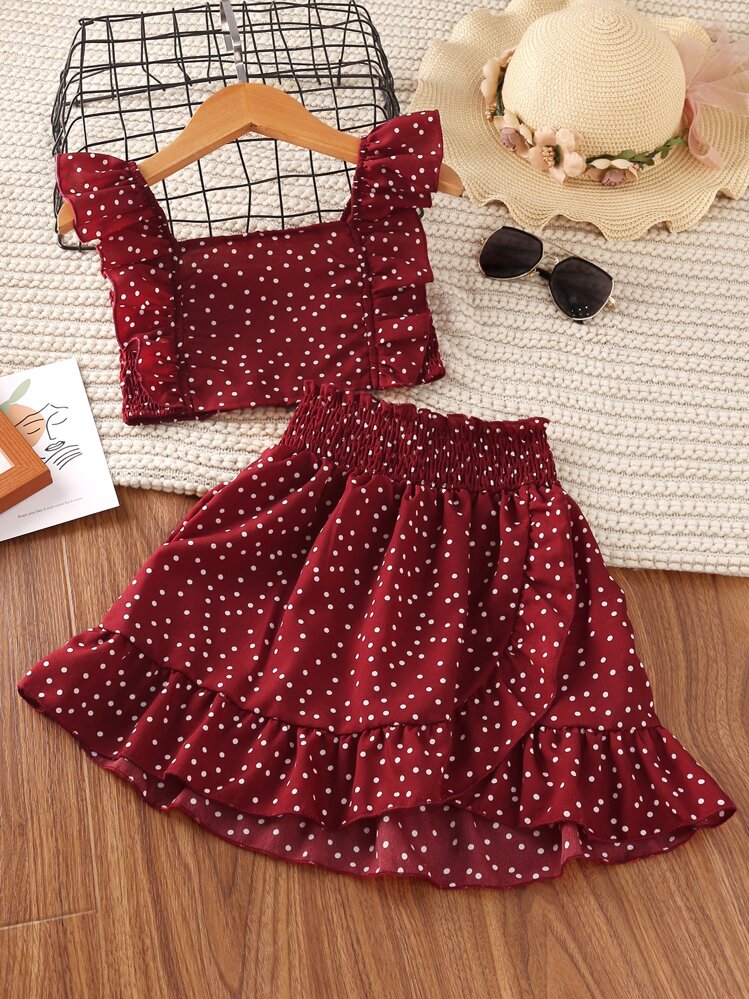 SHEIN Tween Girl Polka Dot Ruffle Trim Shirred Top & Skirt - Burgundy - View 1