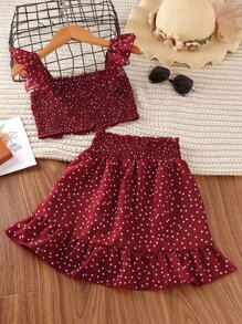 SHEIN Tween Girl Polka Dot Ruffle Trim Shirred Top & Skirt - Burgundy - View 2