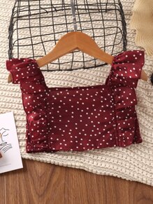 SHEIN Tween Girl Polka Dot Ruffle Trim Shirred Top & Skirt - Burgundy - View 3