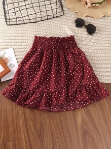 SHEIN Tween Girl Polka Dot Ruffle Trim Shirred Top & Skirt - Burgundy - View 4