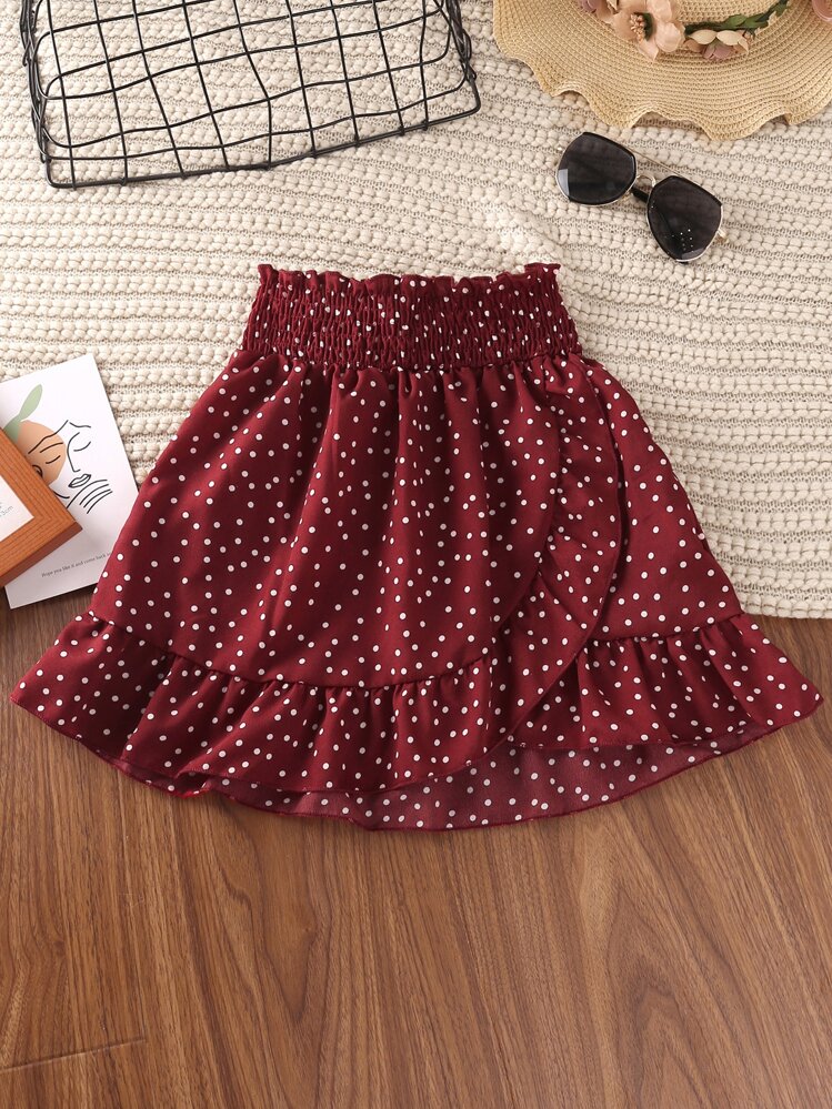 SHEIN Tween Girl Polka Dot Ruffle Trim Shirred Top & Skirt - Burgundy - View 4