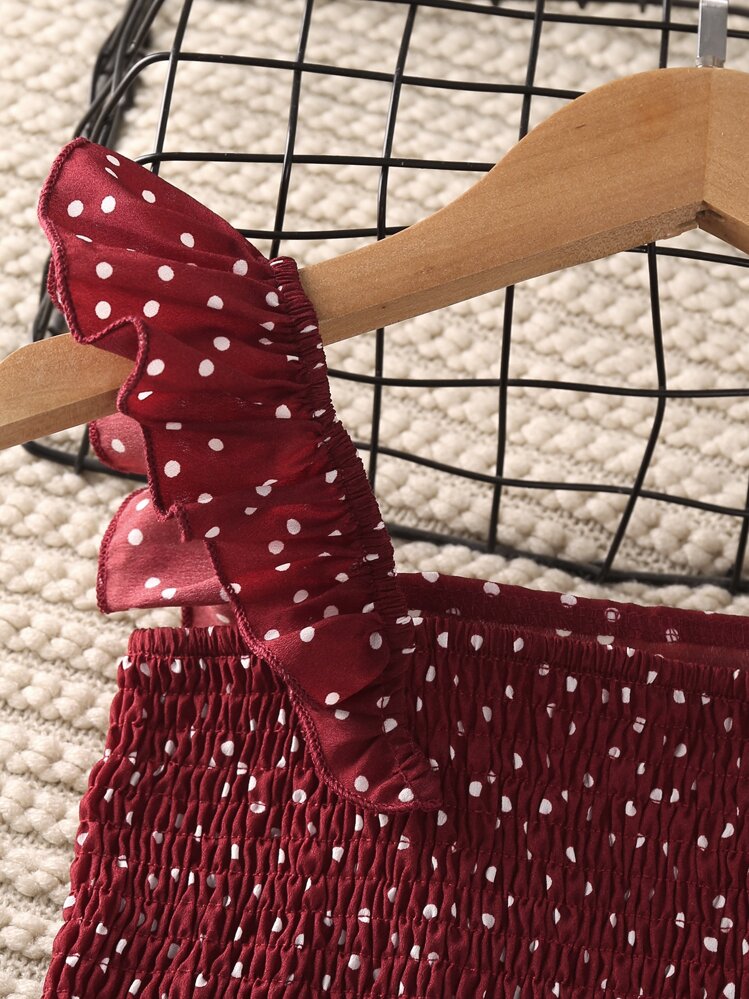 SHEIN Tween Girl Polka Dot Ruffle Trim Shirred Top & Skirt - Burgundy - View 5